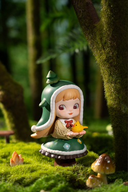 XAXX Robotime Rolife Charline Forest's Children Blind Box featuring a toy figurine of a girl holding a yellow bird, part of the surprise figure doll series.