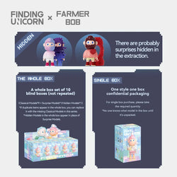 A collection of toys from the FARMER BOB Next Generation Pixel Universe Blind Box Series, featuring various figures and a display box.