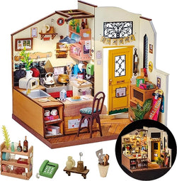 Diy Miniature House Kit Cozy Kitchen - Preorder: Toy house with kitchen, table, chair, cushion, and plant.