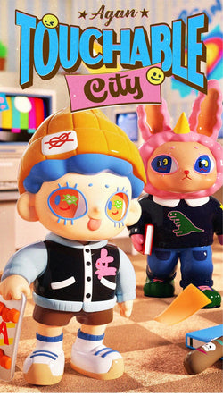 Agan Touchable City Series Blind Box featuring cartoon character toys, including a blue-haired doll, skateboard figure, and logo close-up.