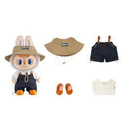 The Monsters LABUBU Fall in Wild Vinyl Plush Doll wearing a brown hat, denim shorts, white shirt, and orange shoes.