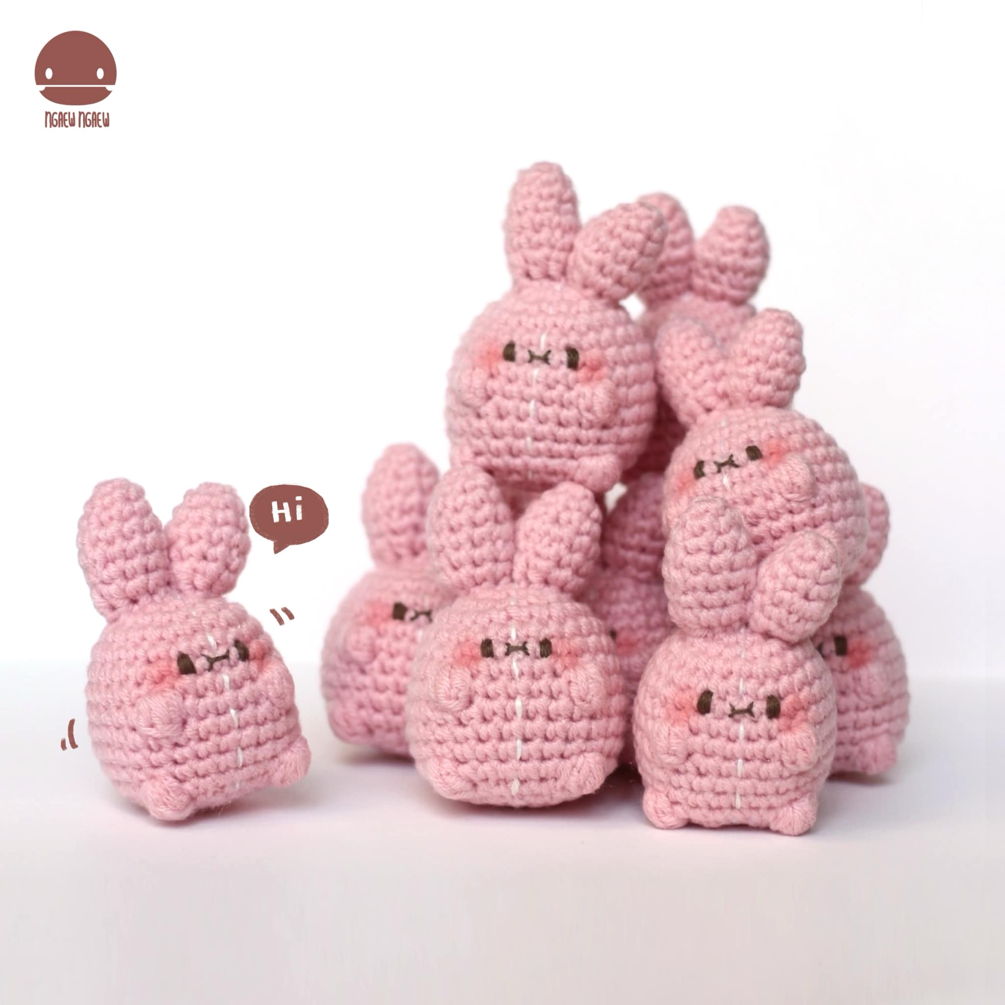 Ngaew knitting - Preorder features a group of handmade crochet bunnies, showcasing intricate craftsmanship and playful design. Ships estimated April 2025.