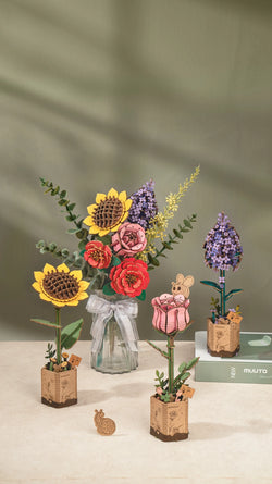 Wooden Sunflower 3D Puzzle with natural wood material, 96pcs, 30min assemble. Decorative and gift-worthy, inspired by blooming flowers. Dimensions: 9.6 x 6.5 x 0.3 in. From Strangecat Toys.