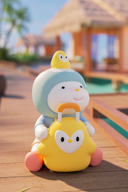 A blind box series featuring REPOLAR Wonderful Summer Trip designs: 9 regular, 4 Classical, 1 secret. Cartoon character holding a yellow penguin toy.