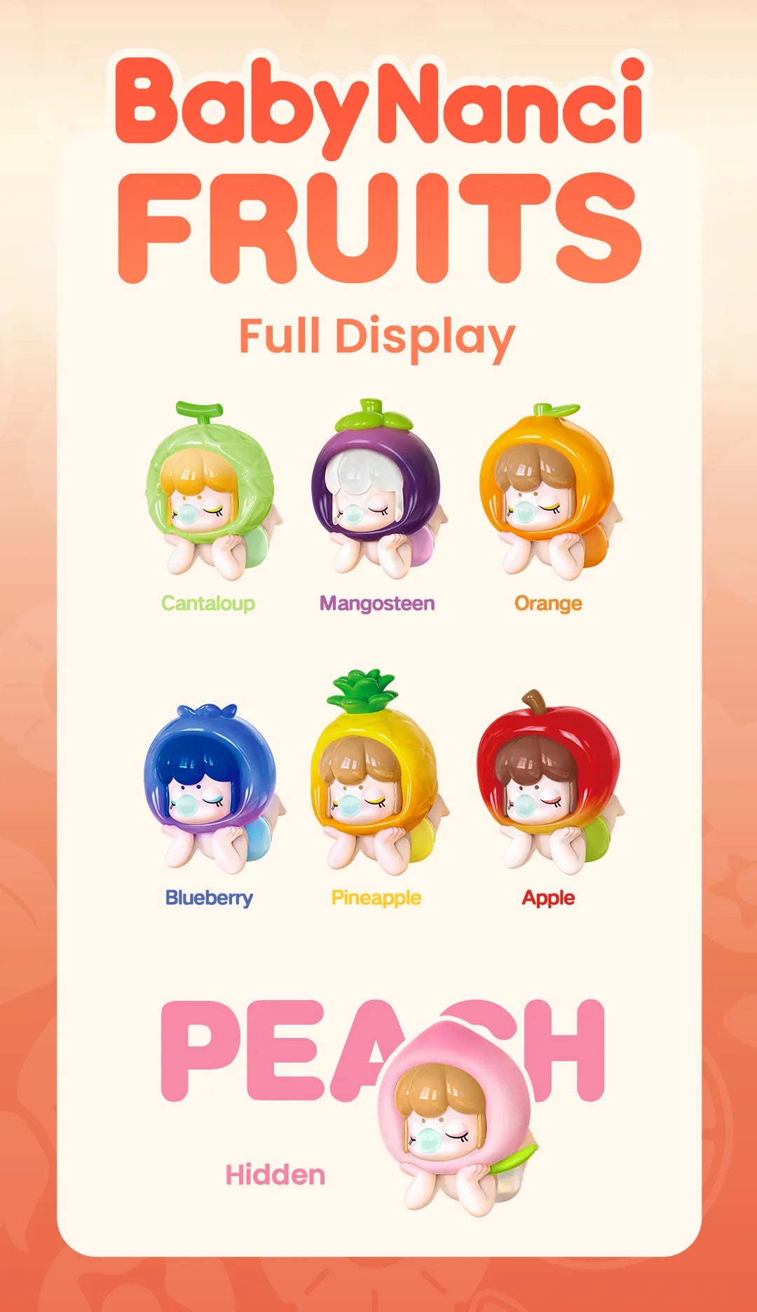 Baby Nanci Fruit Blind Box Series figurines, featuring cartoon characters including a girl inside an apple, showcased as part of Strangecat Toys' collectible toys.