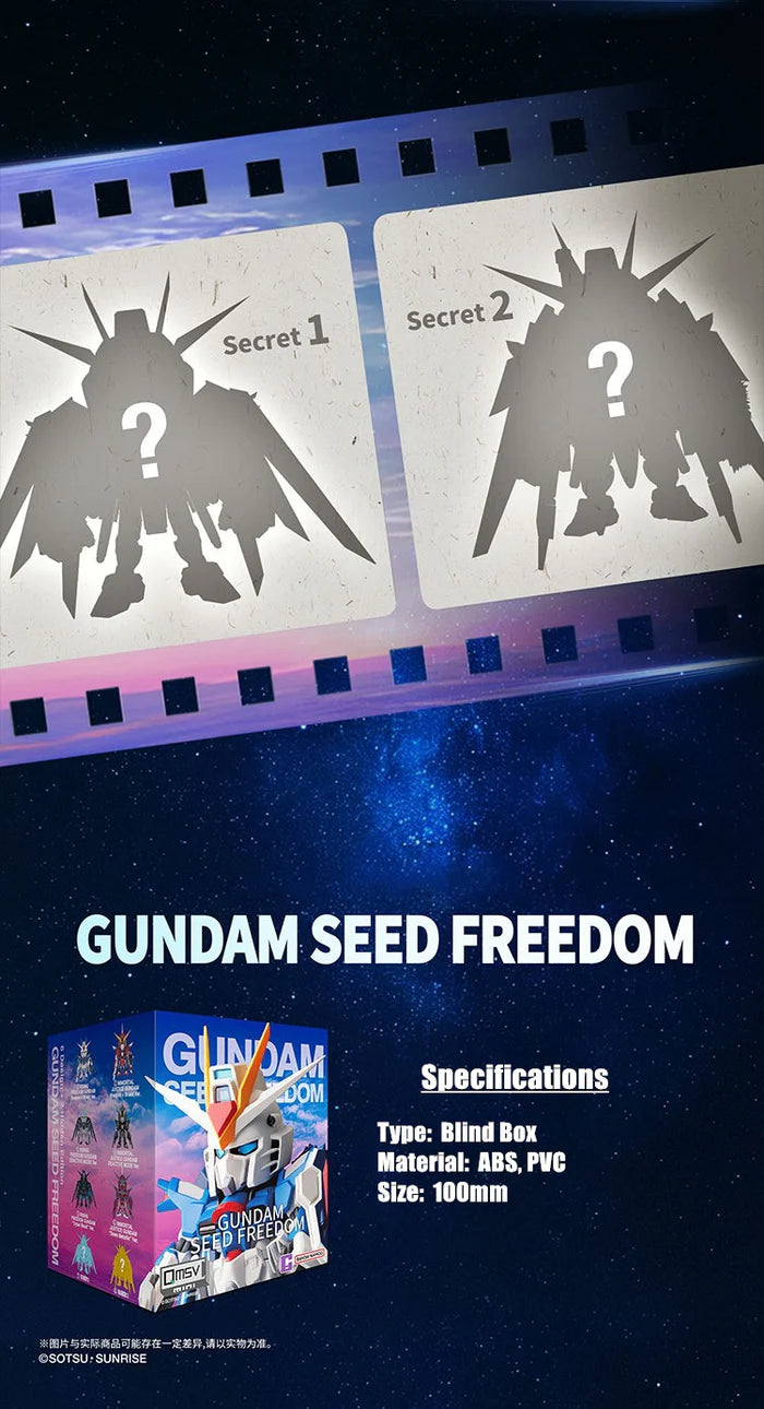 QMSV Seed Freedom Gundam Blind Box Series poster featuring a silhouetted robot, highlighting collectible designs with 8 regular and 2 secret variations.