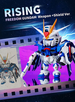 QMSV Seed Freedom Gundam Blind Box Series toy robot displayed on packaging, showcasing a collectible figure from the 8 regular designs available.