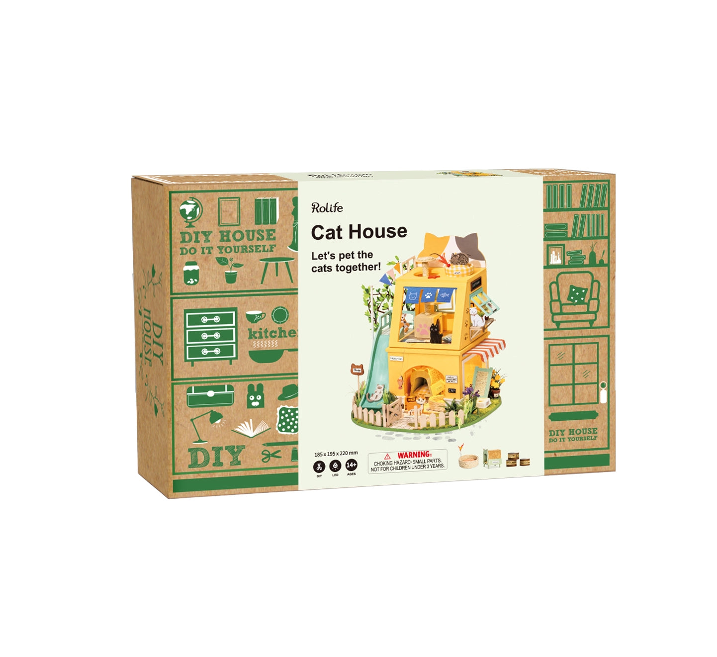 A DIY wooden dollhouse resembling a cat house with three floors, featuring a cat face shape and various functions for cats. From Strangecat Toys.