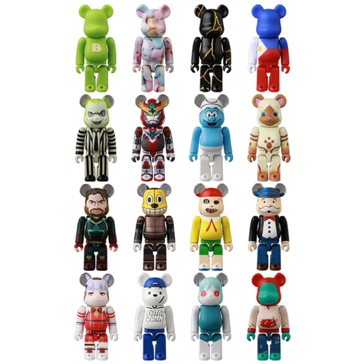 Be@rbrick Series 49 figures showcasing cartoon-like characters, including a white-shirted, blue-pants figure and a cat-faced toy, emphasizing collectible art toy diversity.