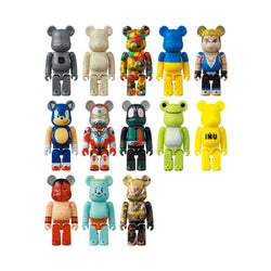 A group of toy figures from Be@rbrick Series 46, including a cartoon character and a hedgehog toy.