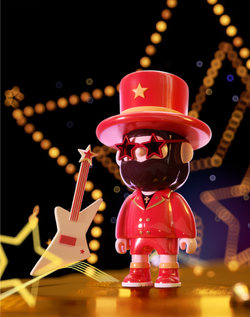 A toy figurine with a hat and sunglasses playing a guitar from the FARMER BOB RETRO REPLAY Blind Box Series.