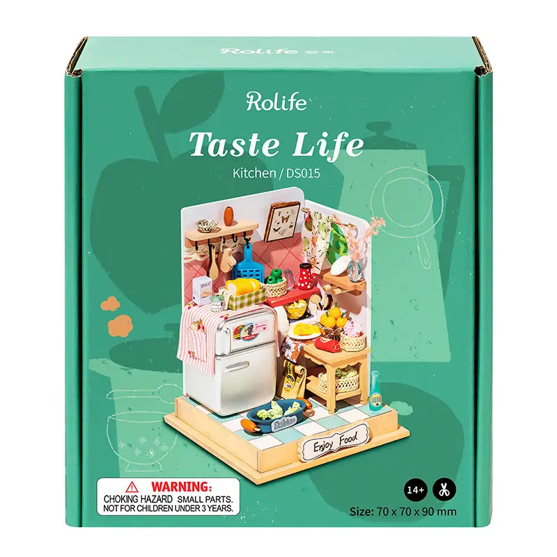 A blind box with a toy kitchen miniature, featuring Dora's Loft DG12. Build a modern duplex apartment with flowers, spiral stairs, sofa, and bookshelf. Dimensions: 13.4 x 8.7 x 2.5 in.