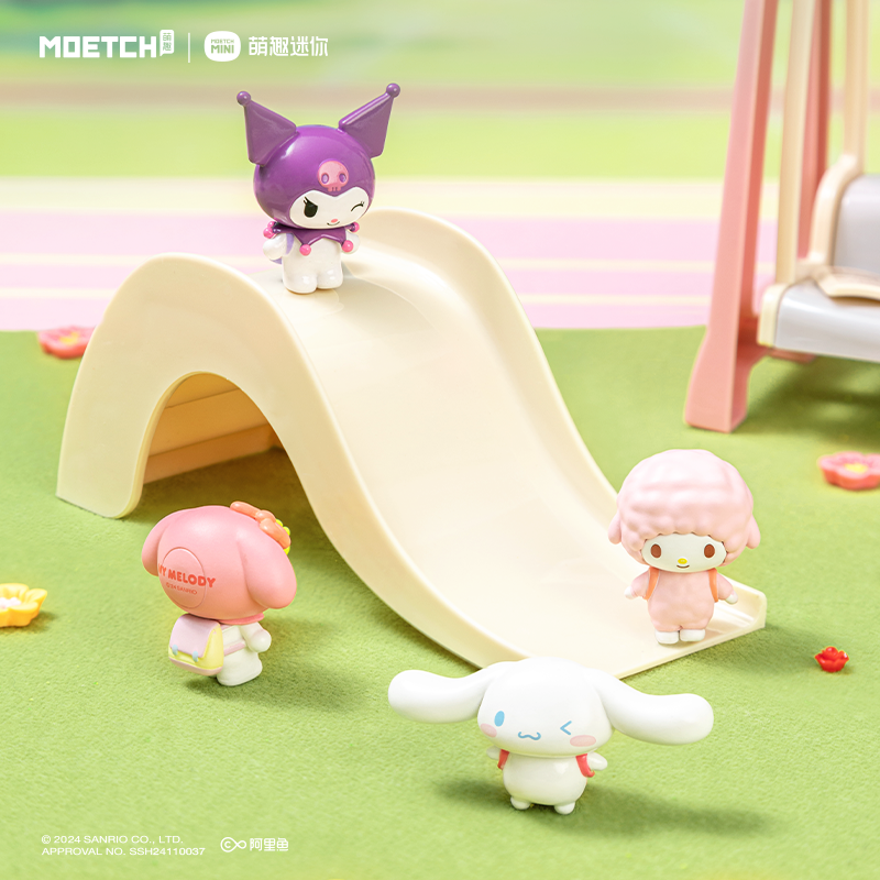 Sanrio characters Adorable Backpack Series Moetch Bean toy figures on a slide, featuring unique designs for collectible blind box art toys.