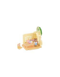 Toy animal from Sylvanian Families - Let's Go To The Forest Gacha Series, sitting on a bed, emphasizing a collectible, randomized product from Strangecat Toys.