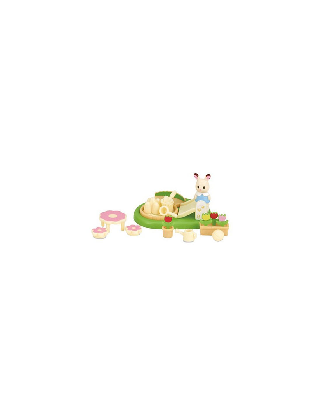 Close-up of a Sylvanian Families Let's Go To The Forest Gacha Series toy set, featuring a bunny on a slide and flower-shaped table.