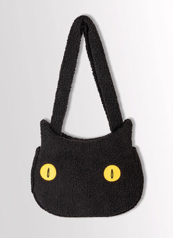 Bruno Tote by Valfre: Fluffy tote bag with Bruno The Cat design, metal zipper pull, and magnetic button closure.