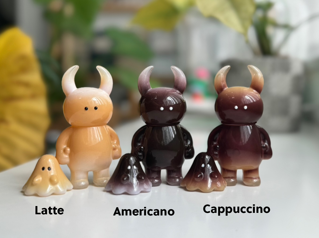 UAMOU & Boo Cafe Japanese Sofubi figurines, 90mm, limited to 20 pieces, displayed in a group.