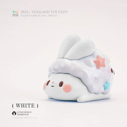 Ngaew Ngaew - Triplets - White vinyl toy, featuring a white bunny face and hat, approximately 6.8cm tall, ideal for art toy enthusiasts.