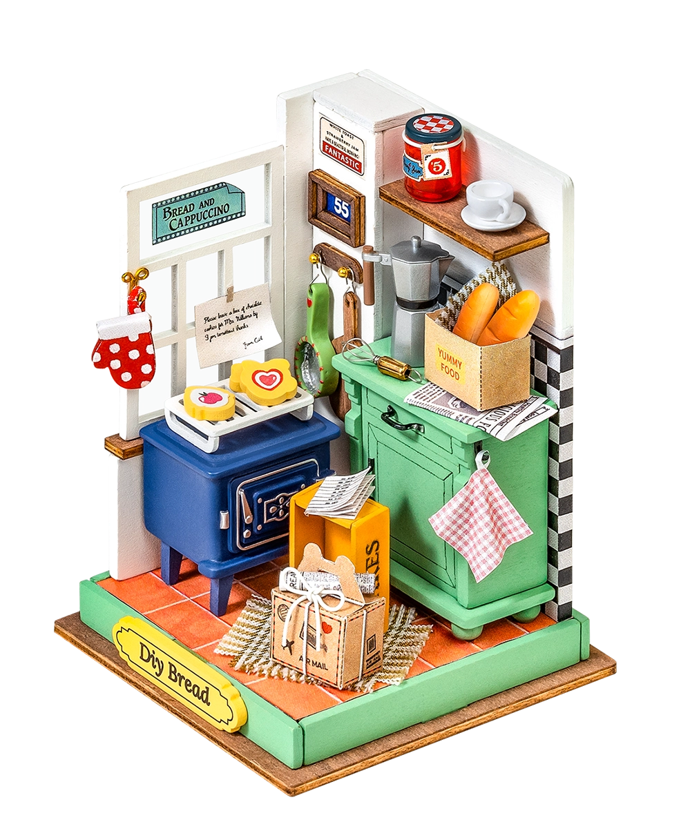 A miniature DIY house kit titled Afternoon Baking Time featuring a toy kitchen, oven, and food elements. Ideal for creative play. Dimensions: 5.3 x 2.2 x 5.9 in. From Strangecat Toys.