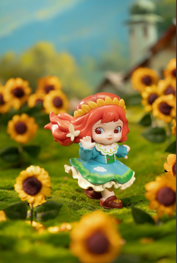 XAXX Robotime Rolife Charline Forest's Children Blind Box featuring a red-haired toy doll with a butterfly, set in a sunflower field.