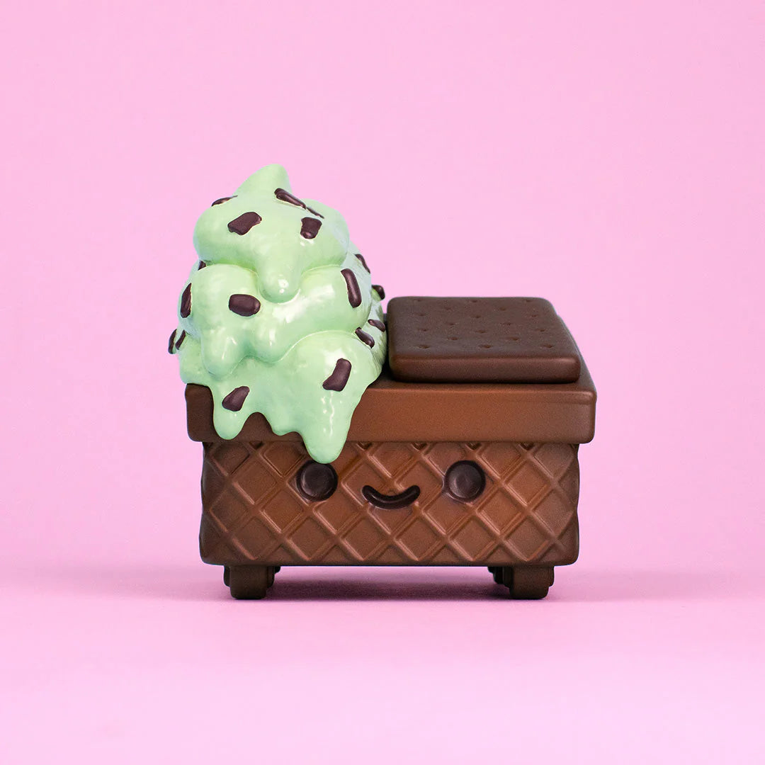 Mint Chip Dumpster Ice Cream Vinyl Figure featuring a toasted chocolate waffle cone, biscuit lids, and textured melted ice cream. Preorder available for February 2025 shipment.