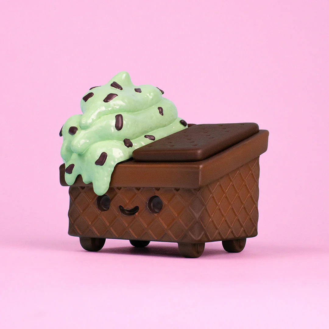 Mint Chip Dumpster Ice Cream Vinyl Figure with a chocolate waffle cone body and biscuit lids, showcasing a melted Mint Chip top.