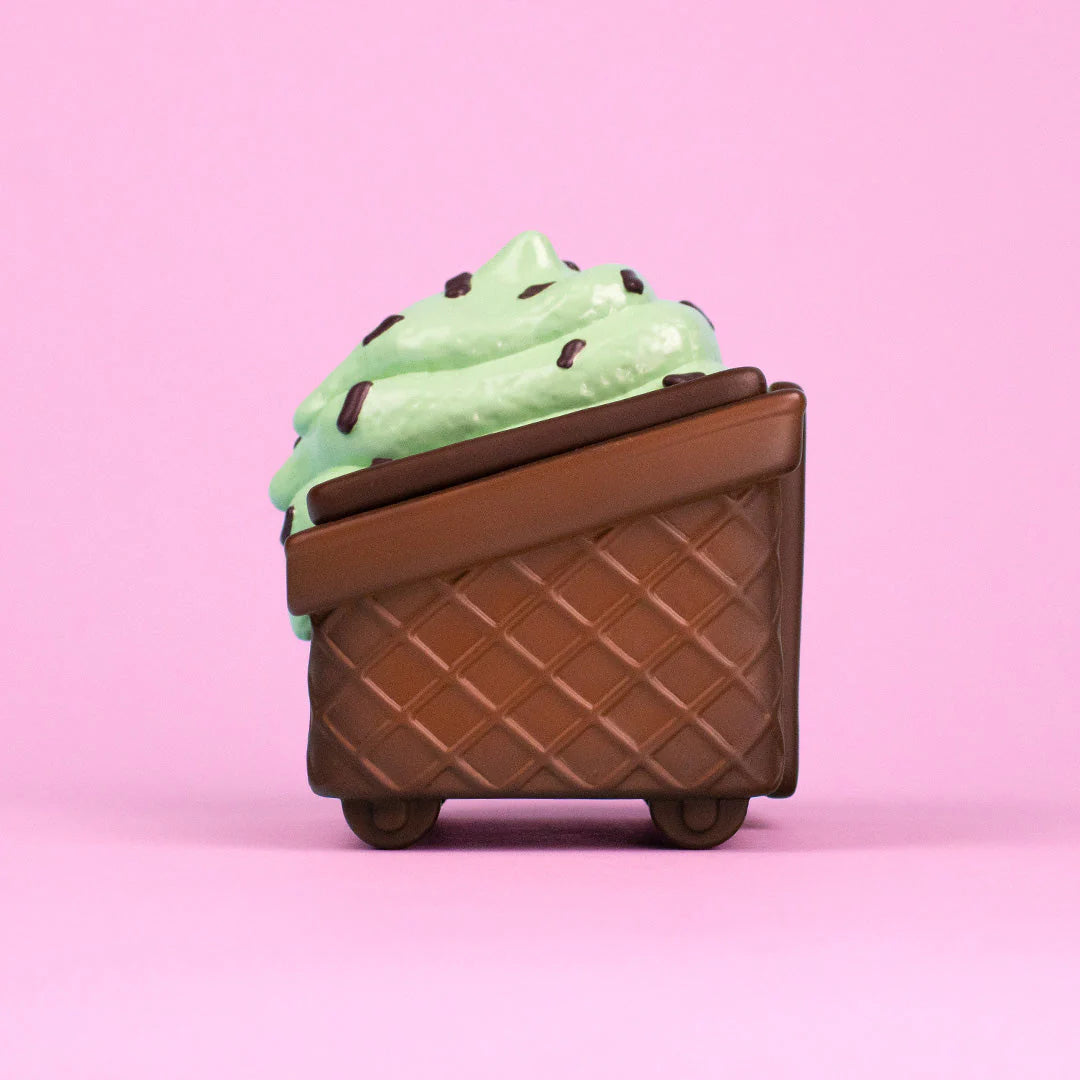 Mint Chip Dumpster Ice Cream Vinyl Figure featuring a chocolate waffle cone body and textured mint chip topping. Preorder available, supporting wildfire-impacted families.