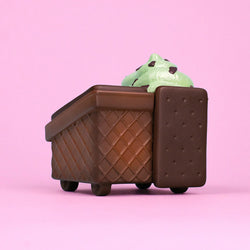 Mint Chip Dumpster Ice Cream Vinyl Figure featuring a waffle cone body and textured ice cream top, available for preorder from Strangecat Toys.