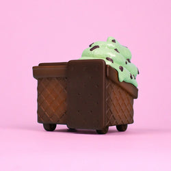 Mint Chip Dumpster Ice Cream Vinyl Figure with chocolate waffle cone and mint chip texture, available for preorder.