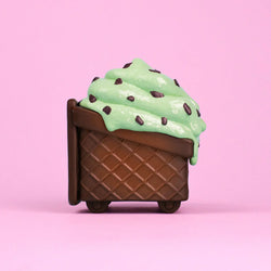 Mint Chip Dumpster Ice Cream Vinyl Figure, featuring a chocolate waffle cone body and textured mint chip ice cream, available for preorder from Strangecat Toys.