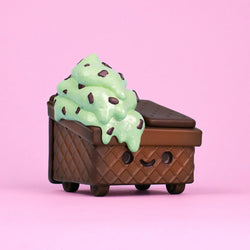 Mint Chip Dumpster Ice Cream Vinyl Figure featuring a toasted chocolate waffle cone body, chocolate biscuit lids, and textured Mint Chip ice cream detailing. Preorder available.