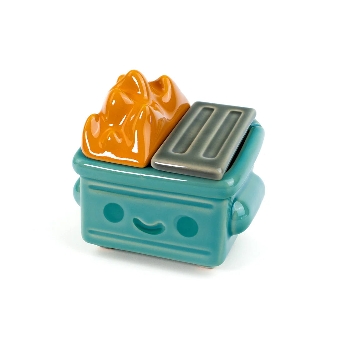 Dumpster Fire Trash Stash Ceramic Figure, designed for succulents or small treasures, features a unique face with a yellow accent on top.