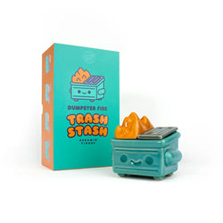 Dumpster Fire Trash Stash Ceramic Figure, suitable for succulents or small treasures, featuring a playful cartoon toaster design on its packaging.