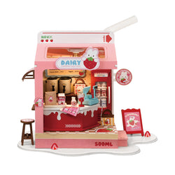 Strawberry Milk Box DIY Miniature House with 73 pieces, featuring a pink and white design with strawberry motifs. Ideal for ages 14+, assembly time: 1.5 hours.