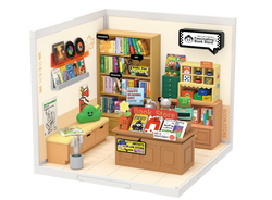 Diy Miniature House DW004 Fascinating Book Store - Preorder: LEGO toy store with green toy, sign with cartoon face, white cylinder, yellow sign, white cactus, man on toilet sign.