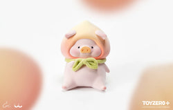 Alt text: LuLu The Piggy - XL SWEET PEACH preorder, a small pink pig toy wearing a yellow hat, approximately 11.5cm tall, limited quantity.