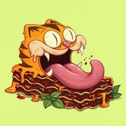 Cartoon cat eating, close-up of tongue and heart-shaped object, art print by Johnny Acurso.