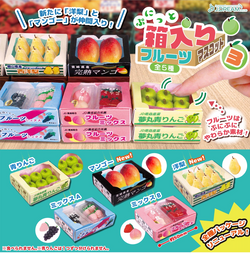 Punitto Boxed Fruit Mascot 3 Gacha Series: A selection of boxes featuring various fruit-themed figurines available for preorder, shipping in Sept 2024.