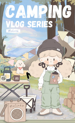 Molinta Camping Vlog Blind Box Series: Cartoon girl, dog with bandana, clipboard, speaker, logs, person's head, girl with clipboard, man with book.