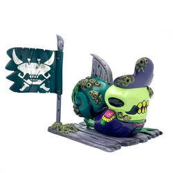 Toy pirate snail figurine holding a flag with skull and swords, part of The Exotic Shnail Expo collection by Ghost Fox Toys.