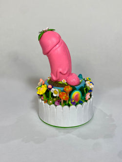 Toy cake with pink toy, flowers, and animal, close-ups of mushroom, candy, flower, food, and ball.