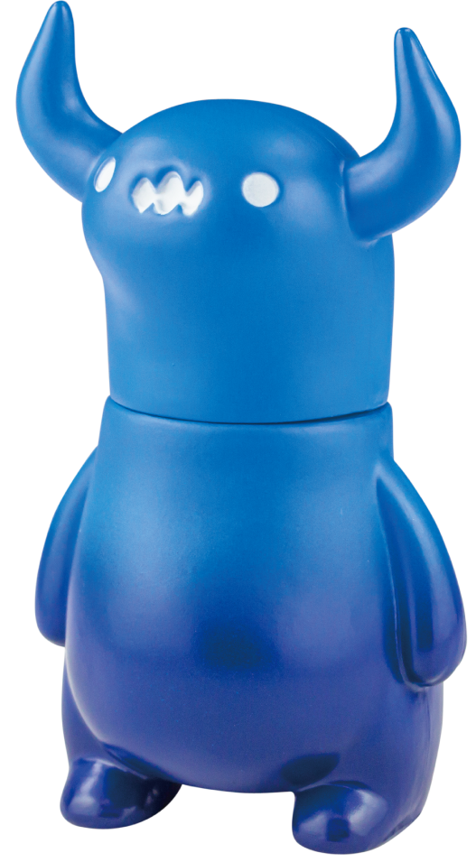 Sky Monster Bo Gacha Series toy, blue plastic figure with distinctive white eyes and ears, part of Strangecat Toys' unique blind box collection.