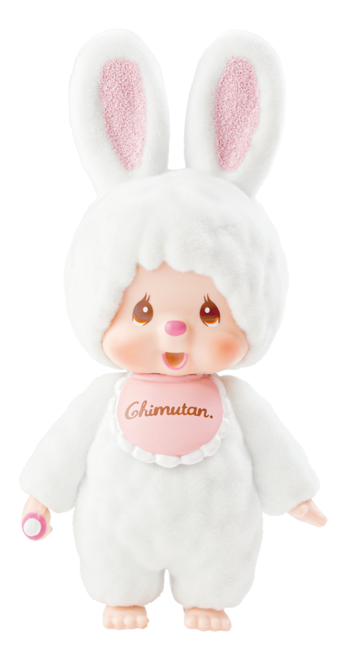 Chichi Flocked Mascot 3 Chimtan Blind Box featuring a white plush animal with pink ears, part of a two-design series from Strangecat Toys.