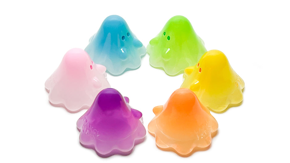 JELLY BEANS BOO soft vinyl figure from Strangecat Toys: a group of colorful plastic ghosts with darker eye accents, showcasing pop colors and gloss. Made in Japan, featuring transparent body with unique drips and bubbles.