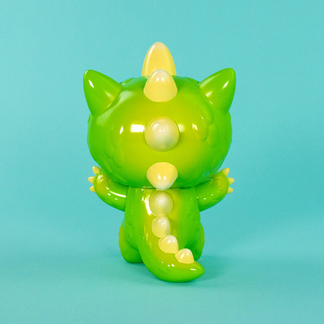 New Screaming Boomu Kaiju Kitty Soft Vinyl Figure, 7” tall, glossy green finish, open-mouthed roar, showcasing cute claws.