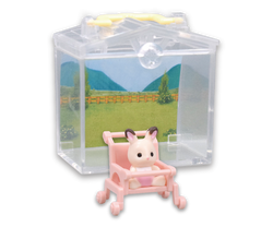 Sylvanian Families Decorative Baby House and Garden Gacha Series toy bunny sitting in a stroller, part of Strangecat Toys' art toy collection.