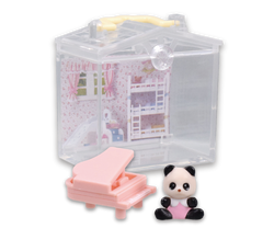 Sylvanian Families Decorative Baby House and Garden Gacha Series featuring a plastic box with toy animals, a house, bunk bed, and a pink piano.