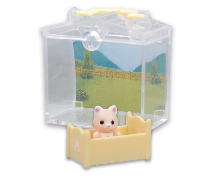 Sylvanian Families Decorative Baby House and Garden Gacha Series featuring a toy animal in a small crib, highlighting its detailed design.