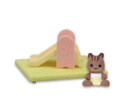 Sylvanian Families Decorative Baby House and Garden Gacha Series toy featuring a cartoon animal figure on a slide, highlighting playful design elements.