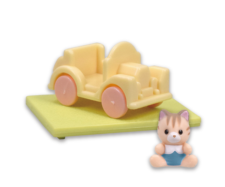 Sylvanian Families Decorative Baby House and Garden Gacha Series featuring a toy car and toy cat, typical of Strangecat Toys' unique blind box offerings.